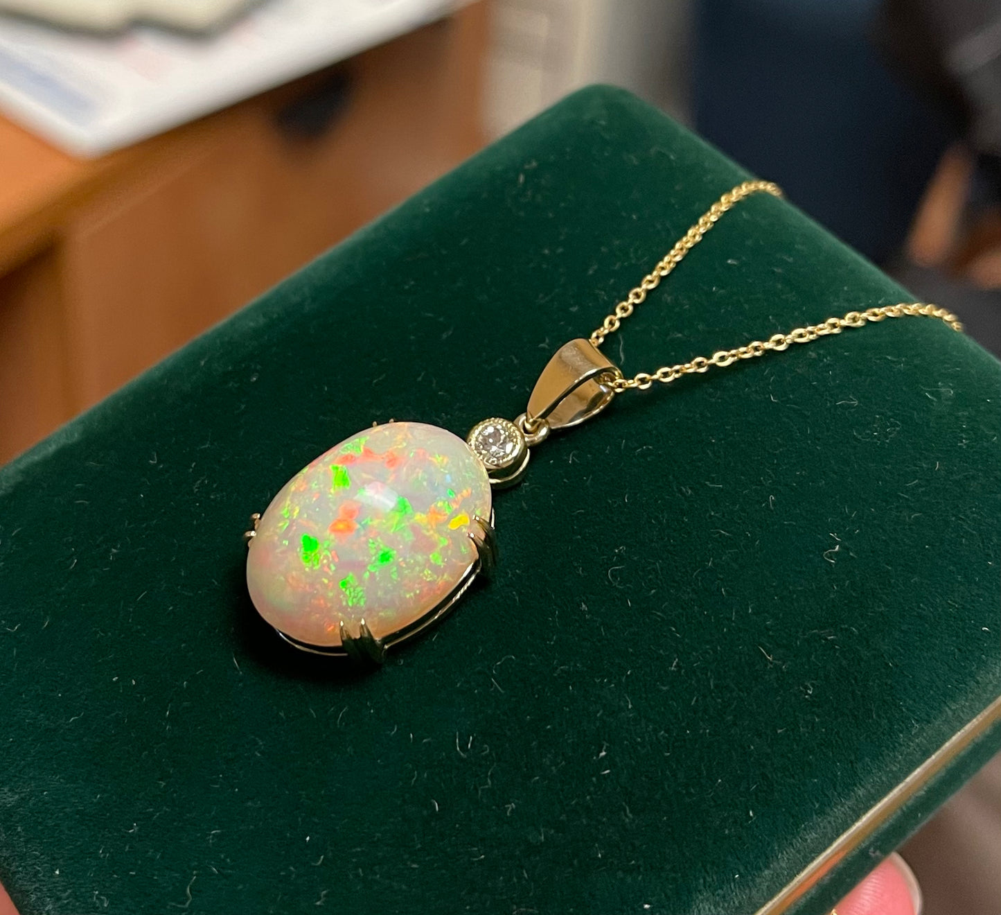 13.34ct Ethiopian Opal (Raised Surface) .20ct Diamond Near Colorless VS Clarity 14KY Handmade Pendant