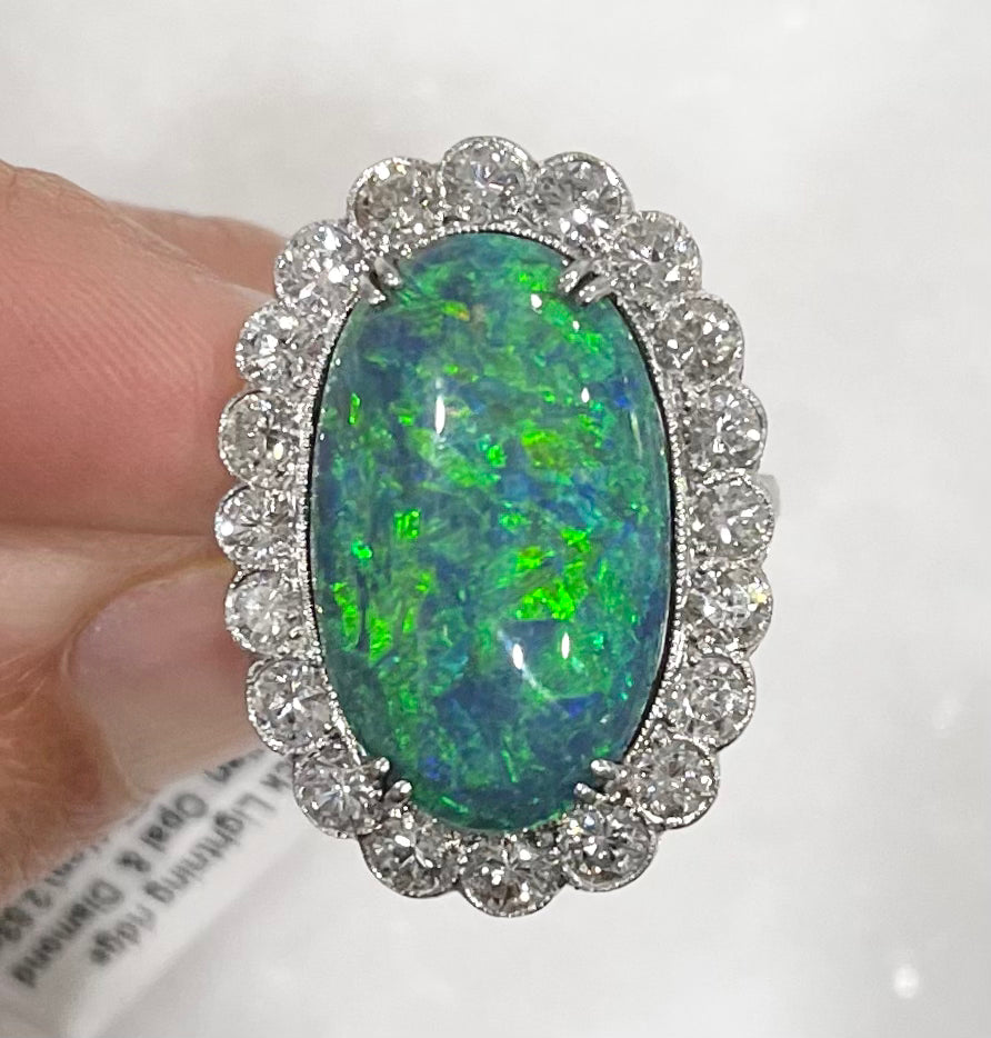 12.77ct Australian Lightning Ridge Black Opal 2.53ct Diamonds Platinum Estate Ring