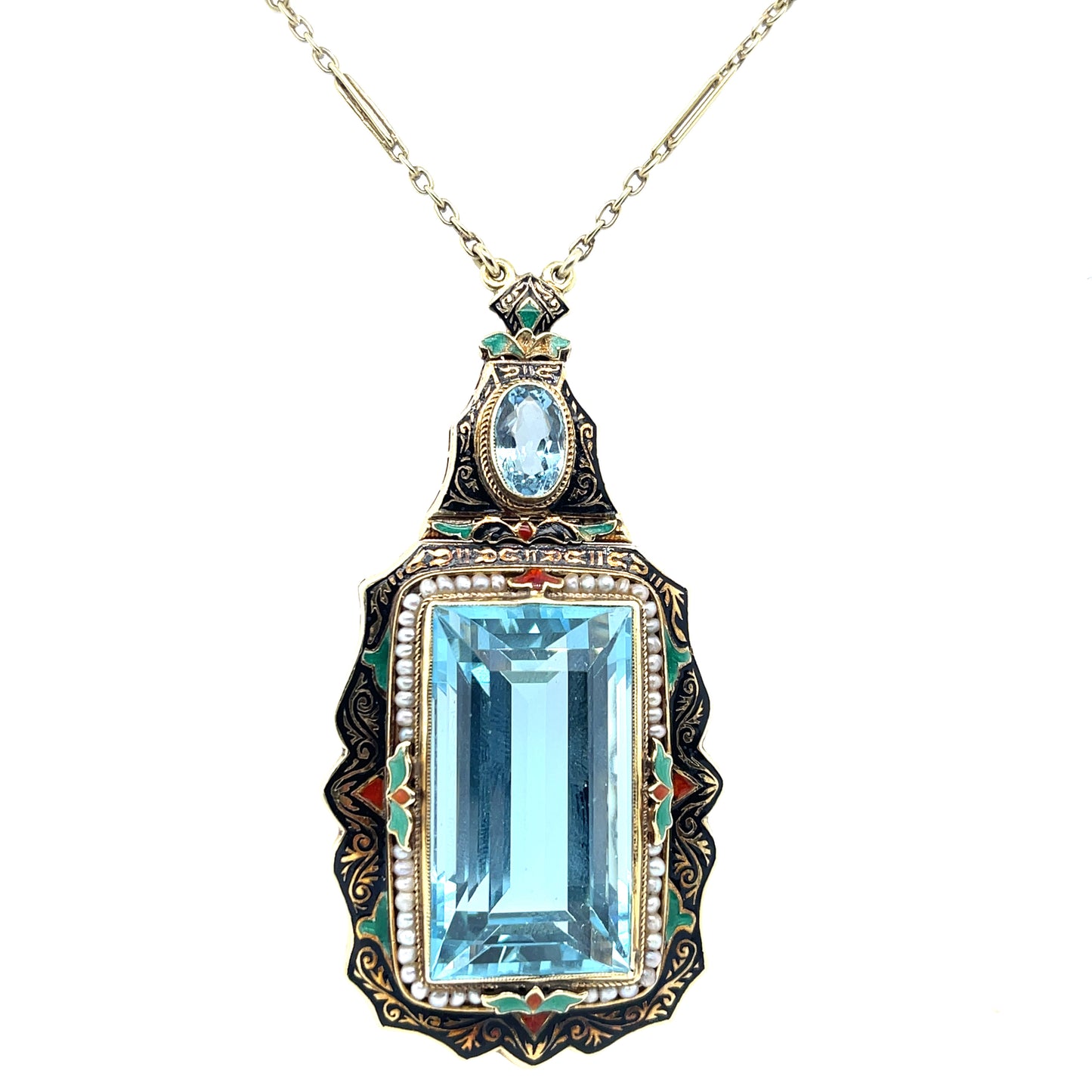 Art Deco Aquamarine 40ct and Enamel Pendant