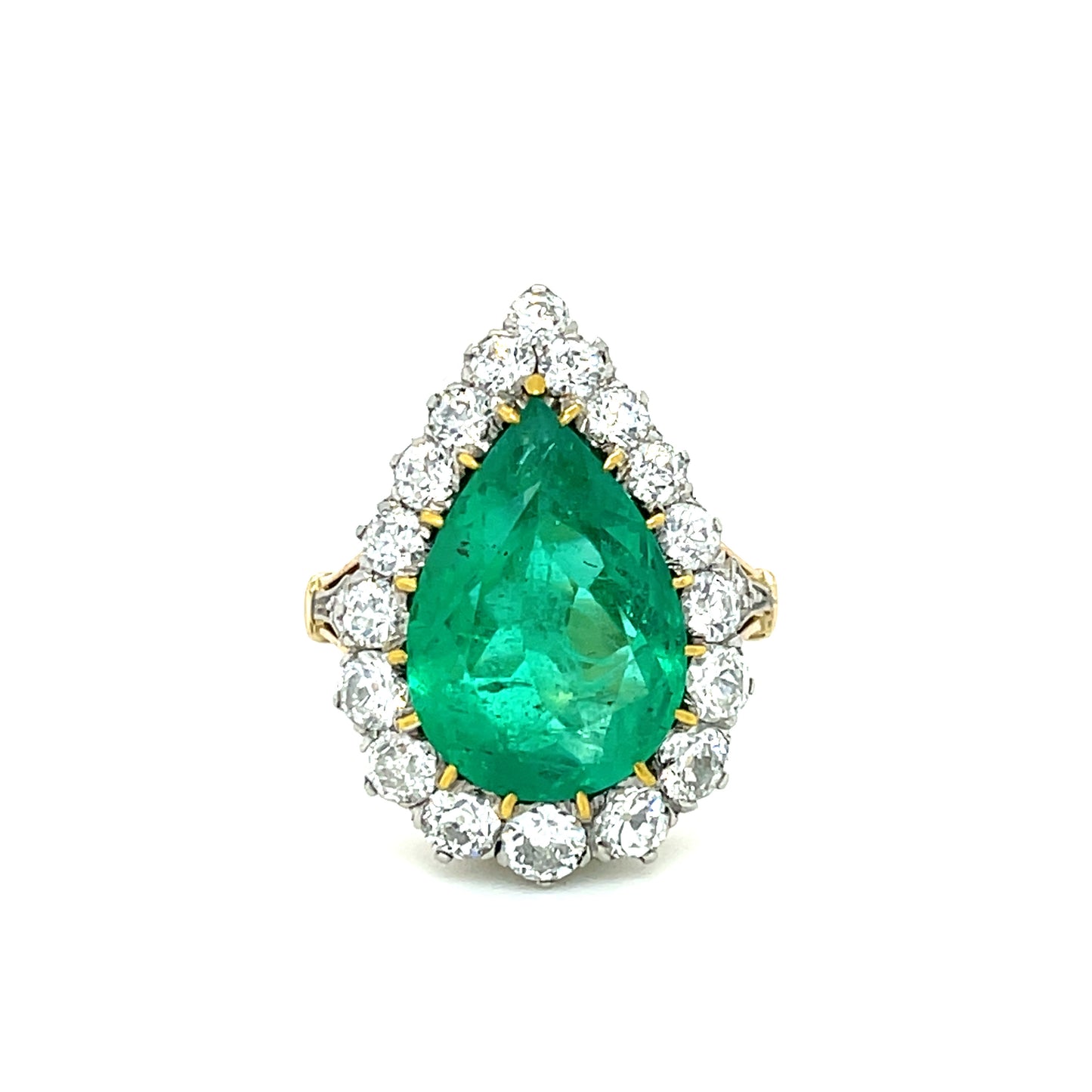 5.20ct Pear Shaped Emerald 1.80ct Old European Cut Diamonds Platinum over 18KY Ring