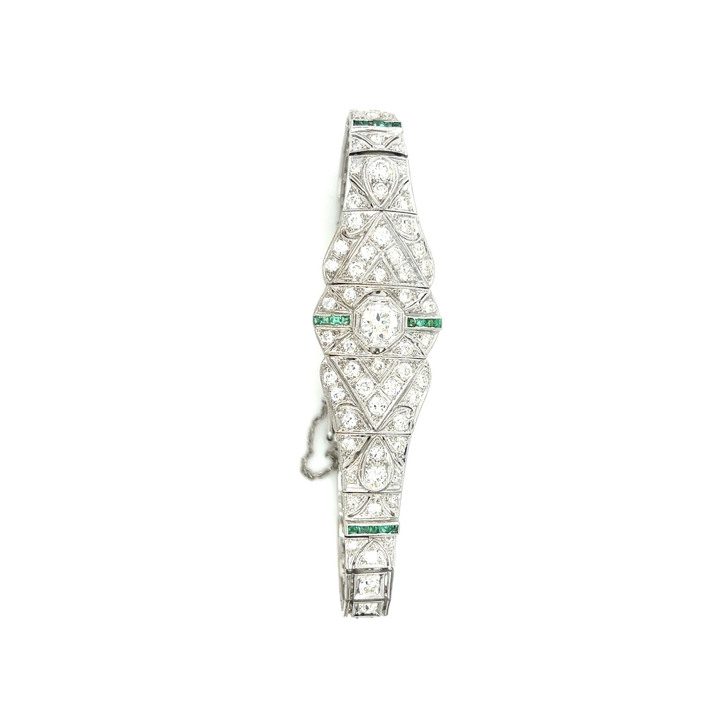 .45ct Old European Diamond 5.50ct Side Diamond Emeralds Platinum Art Deco 1920s Bracelet
