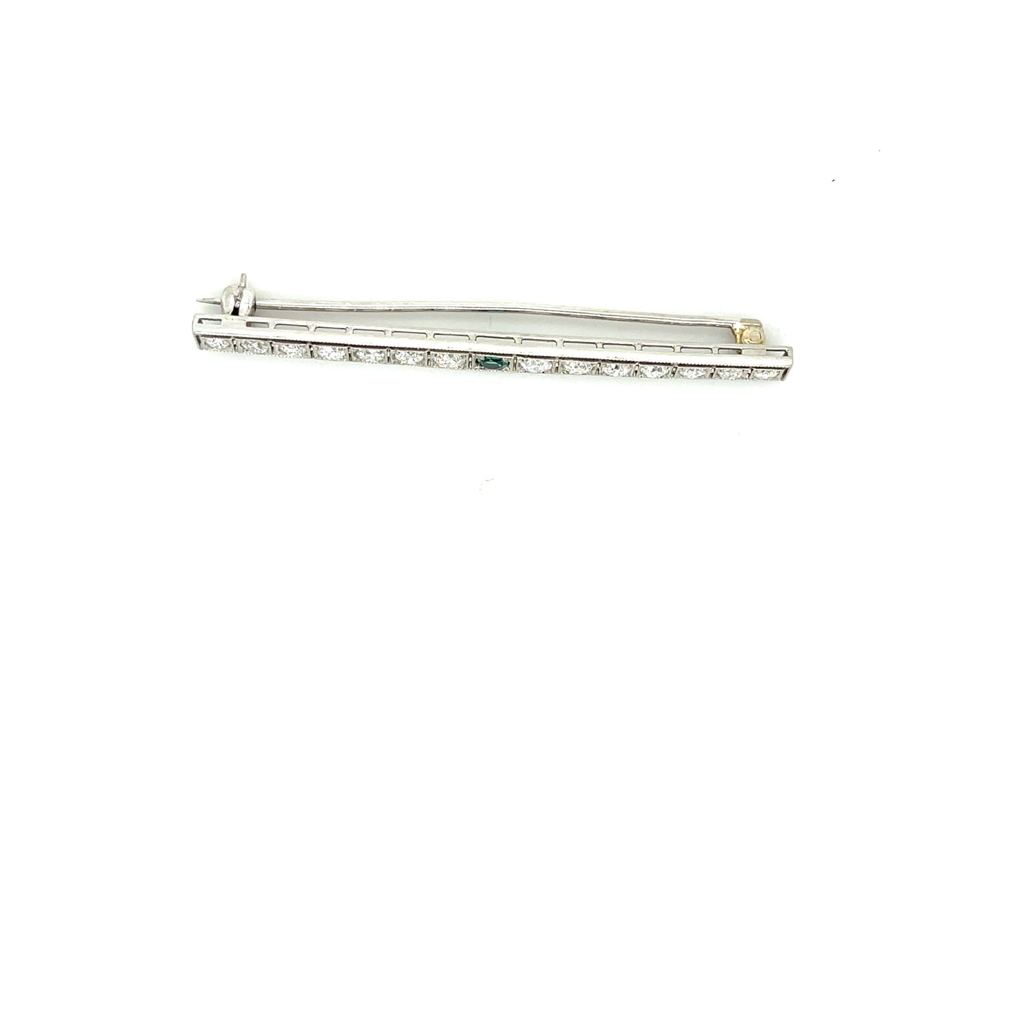 Art Deco (Circa 1920s) .20ct Emerald 1.85ct Old European Cut Diamonds (14 Stones) Antique Platinum Line Brooch