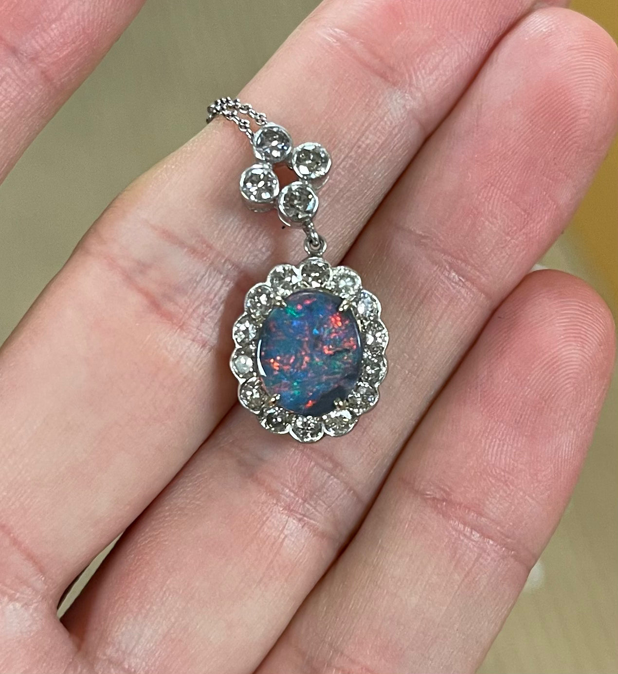 1.15ct Australian Lightning Ridge Opal 1.24ct Diamond 18KW White Gold Estate Pendant