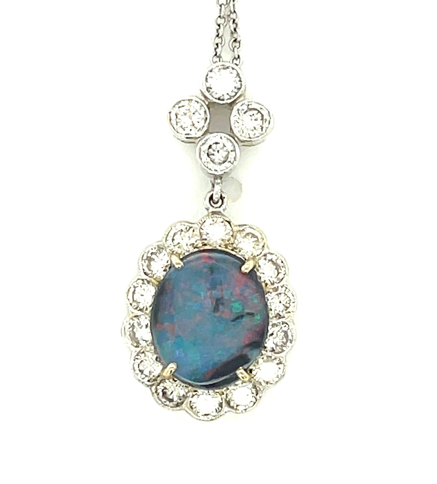 1.15ct Australian Lightning Ridge Opal 1.24ct Diamond 18KW White Gold Estate Pendant