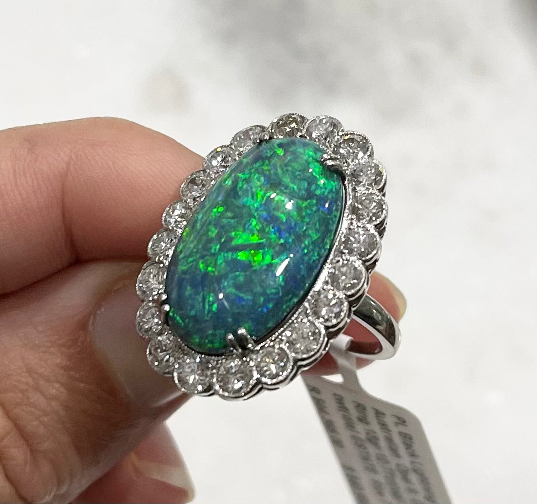 12.77ct Australian Lightning Ridge Black Opal 2.53ct Diamonds Platinum Estate Ring