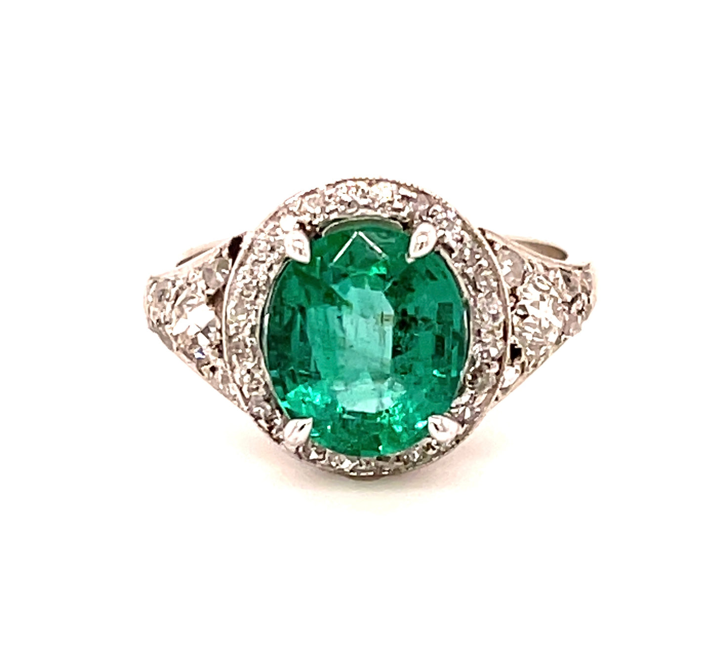 2.60ct Emerald 1.25ct Diamond 18KW Art Deco (Circa 1920s) Antique Ring