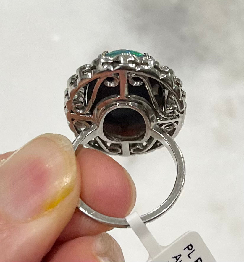 12.77ct Australian Lightning Ridge Black Opal 2.53ct Diamonds Platinum Estate Ring