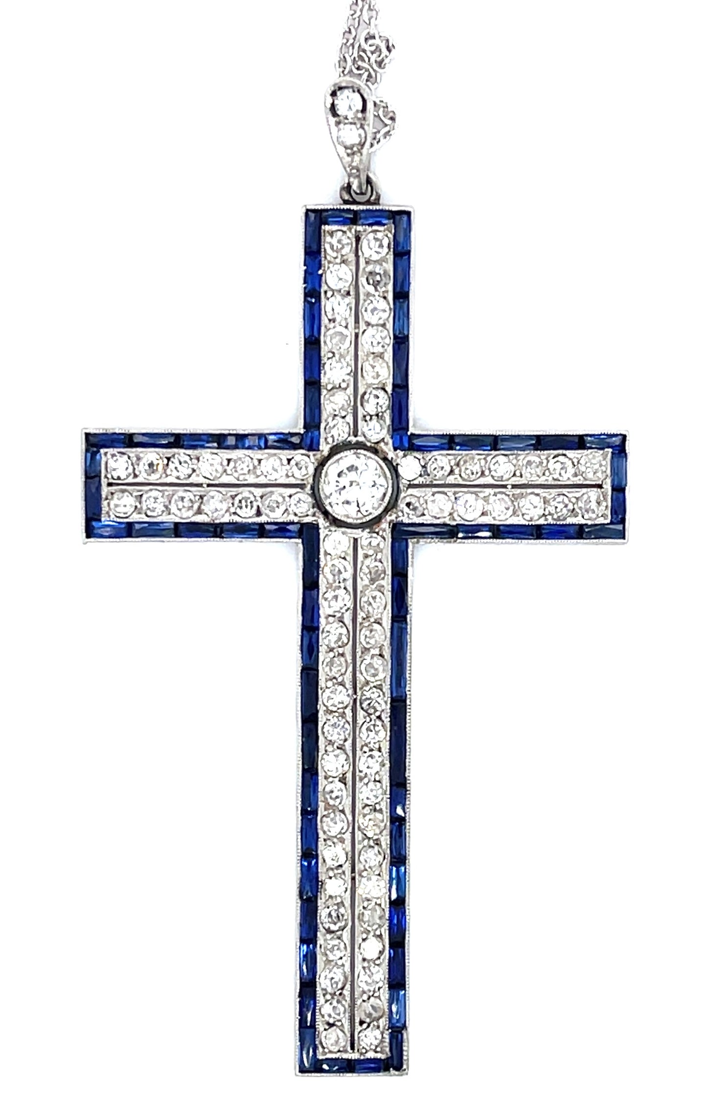 Art Deco Diamond & Dazzling Sapphire Cross/Pendant