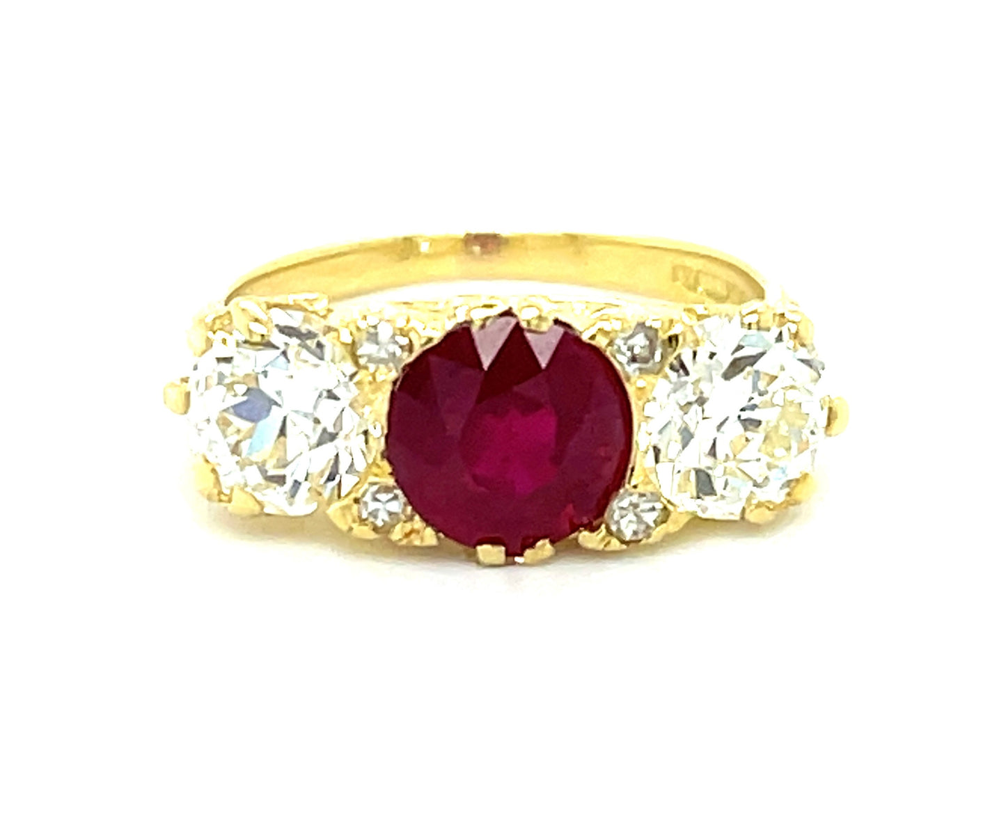 Victorian English 1.78ct GIA Burma Minor Heat Ruby .91ct GIA K SI2 Old European Cut Diamond .97ct GIA I SI1 Old European Cut Diamond 18KY Antique Ring (Circa 1900)