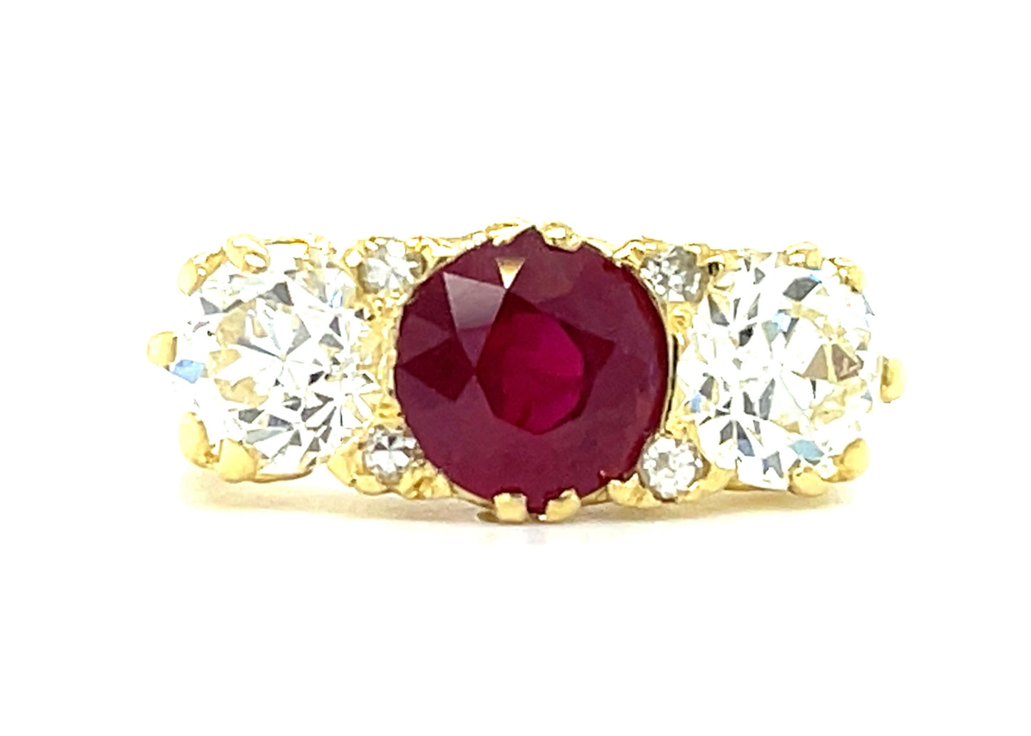 Victorian English 1.78ct GIA Burma Minor Heat Ruby .91ct GIA K SI2 Old European Cut Diamond .97ct GIA I SI1 Old European Cut Diamond 18KY Antique Ring (Circa 1900)