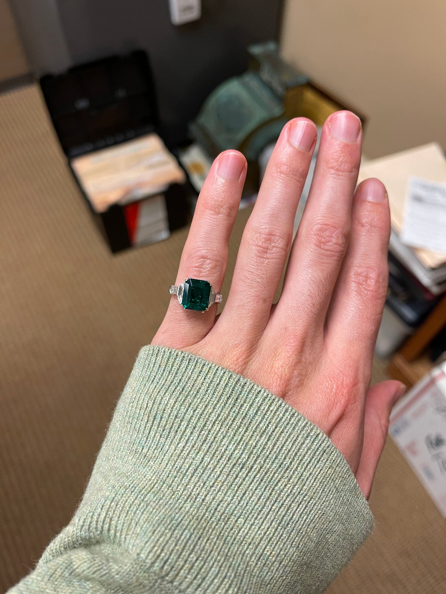 3.82ct GIA Zambian F2 Emerald .90ct Trapezoid Diamonds .30ct Bullet Diamonds Platinum Ring 6.7g 5.75 Size