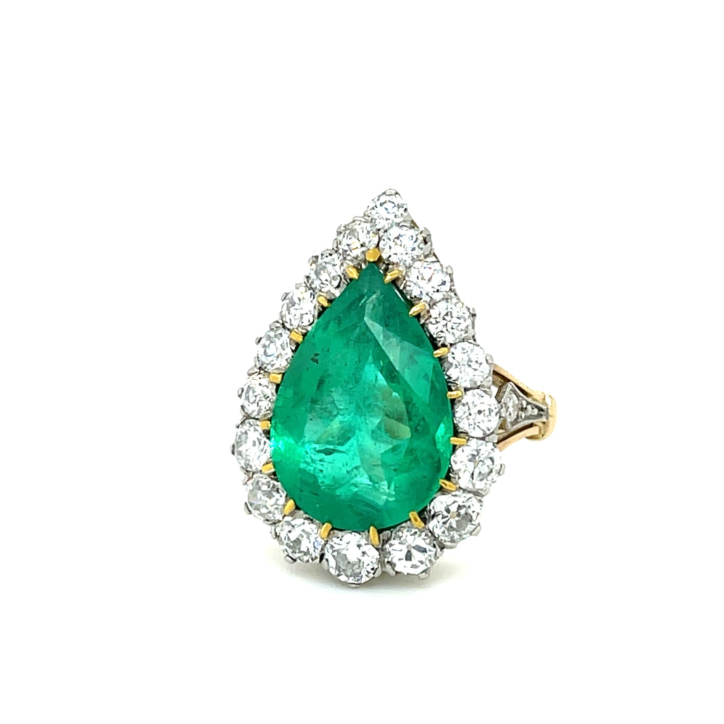 5.20ct Pear Shaped Emerald 1.80ct Old European Cut Diamonds Platinum over 18KY Ring