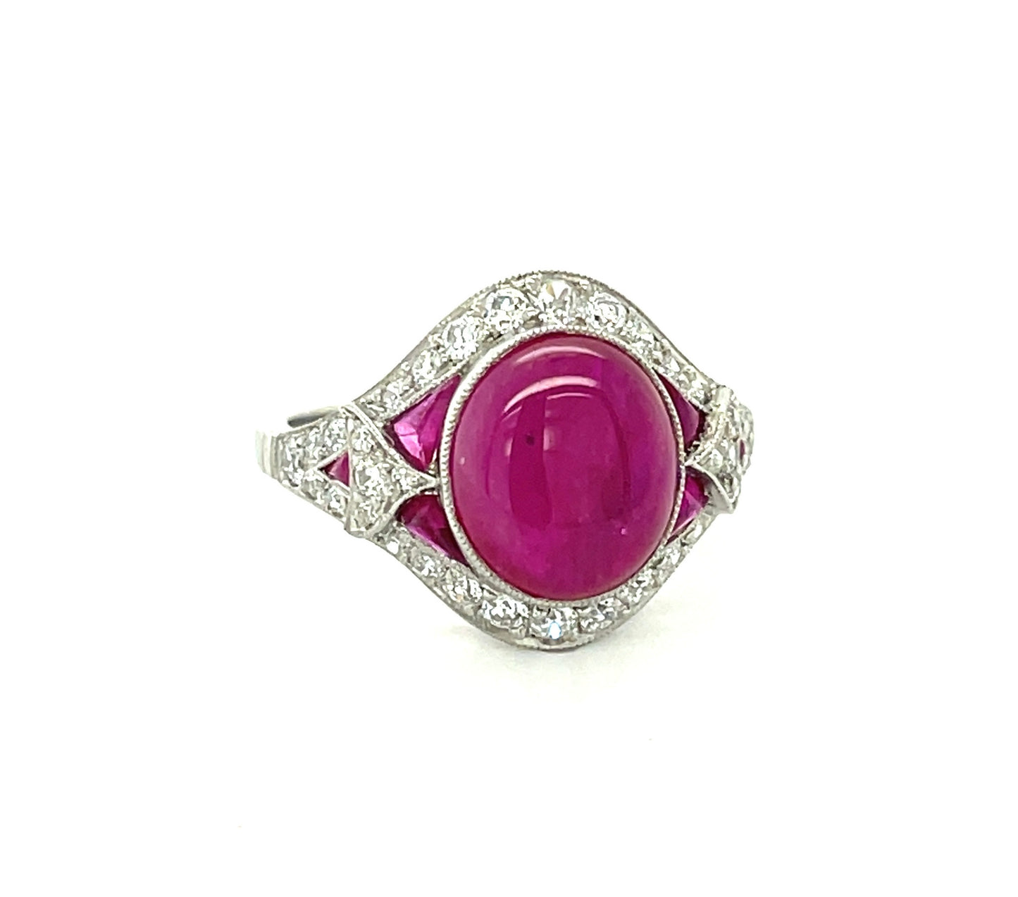 6.50ct Cabochon Ruby .88ct Old European Cut Diamonds .50ct Side Cabochon Rubies Platinum Art Deco Inspired Ring