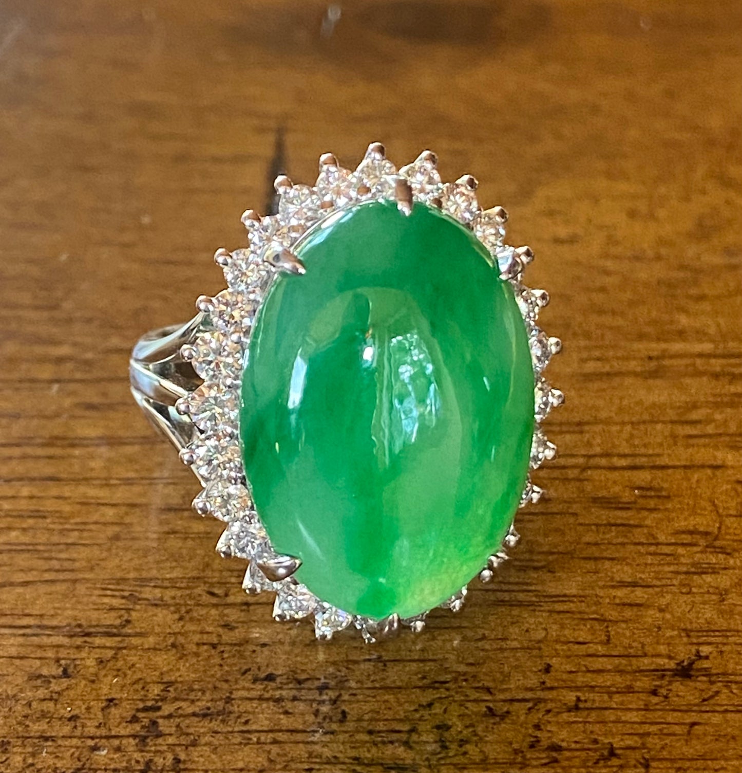14ct GIA Grade A Jadeite Jade 1.06ct Diamond Platinum Estate (Circa 1960s) Ring