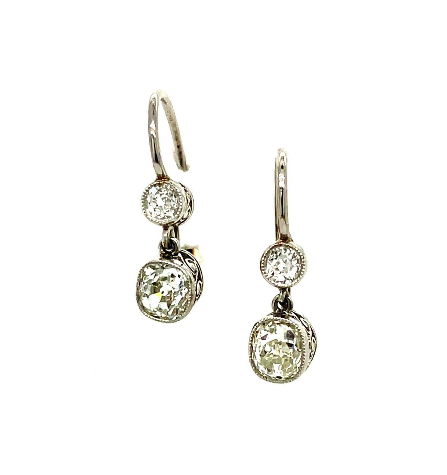 1.14ct Antique Cushion Cut Center Diamonds .30ct Side Diamonds Platinum/18KY Drop Earrings