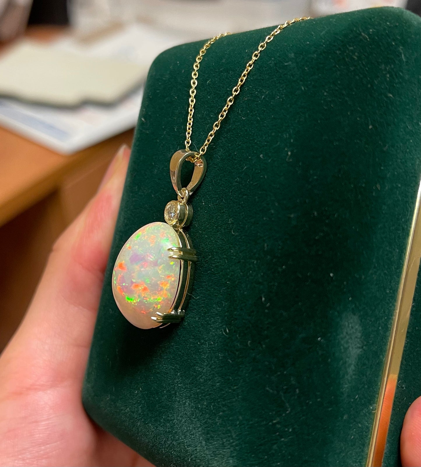 13.34ct Ethiopian Opal (Raised Surface) .20ct Diamond Near Colorless VS Clarity 14KY Handmade Pendant