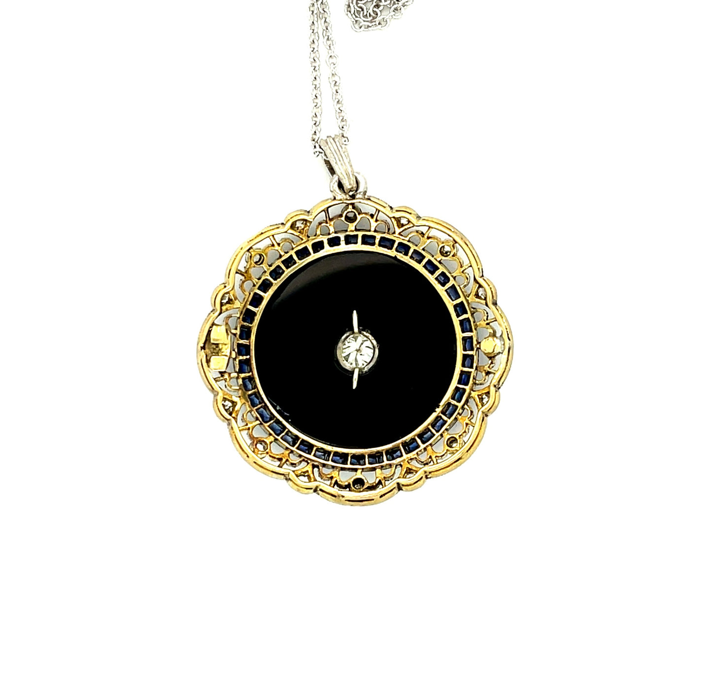 .22ct Diamond Onyx .40ct Side Diamonds Platinum+18K Edwardian Circa 1910s Antique Pendant