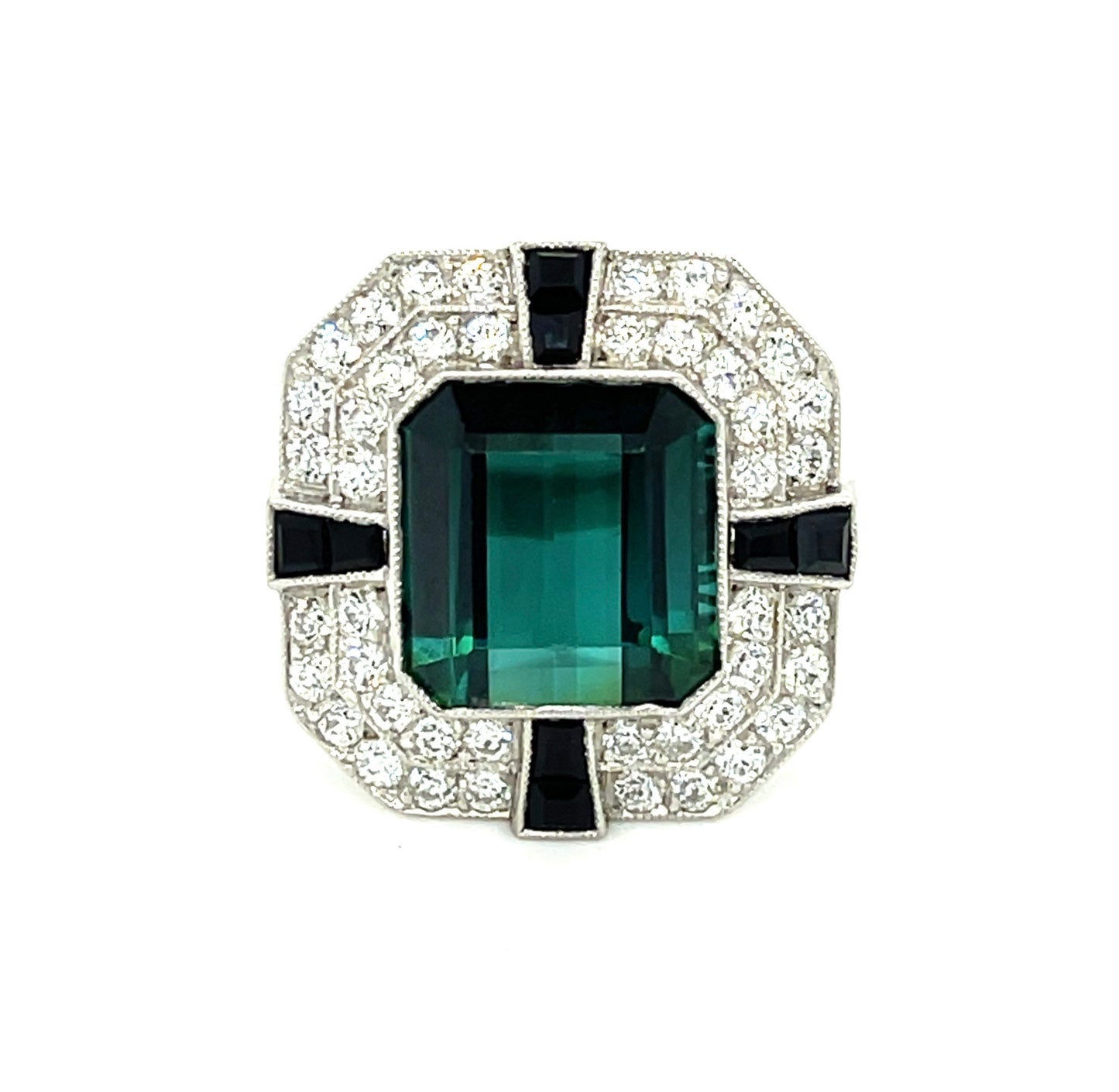 6.07ct Green/Blue Tourmaline .91ct Old European Cut Diamond & Onyx Platinum Ring
