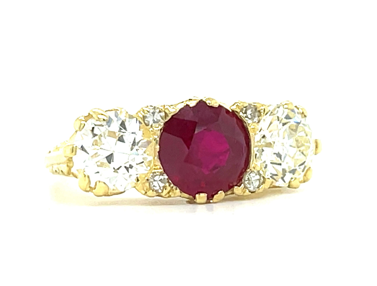 Victorian English 1.78ct GIA Burma Minor Heat Ruby .91ct GIA K SI2 Old European Cut Diamond .97ct GIA I SI1 Old European Cut Diamond 18KY Antique Ring (Circa 1900)