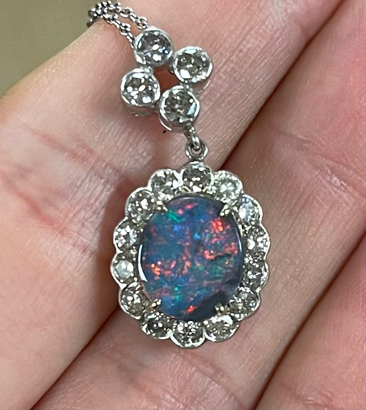 1.15ct Australian Lightning Ridge Opal 1.24ct Diamond 18KW White Gold Estate Pendant