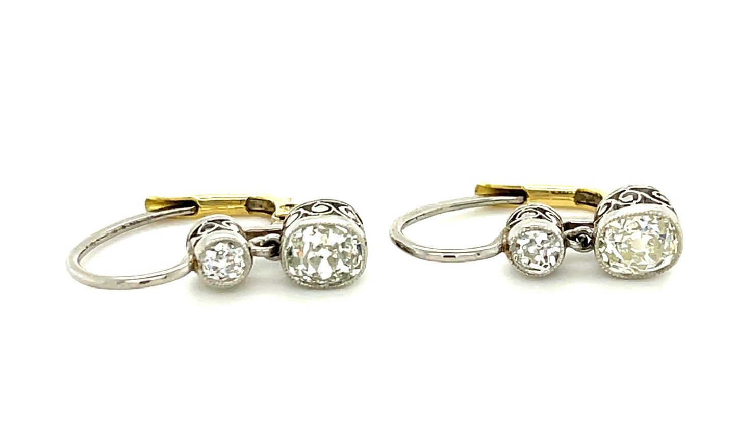 1.14ct Antique Cushion Cut Center Diamonds .30ct Side Diamonds Platinum/18KY Drop Earrings