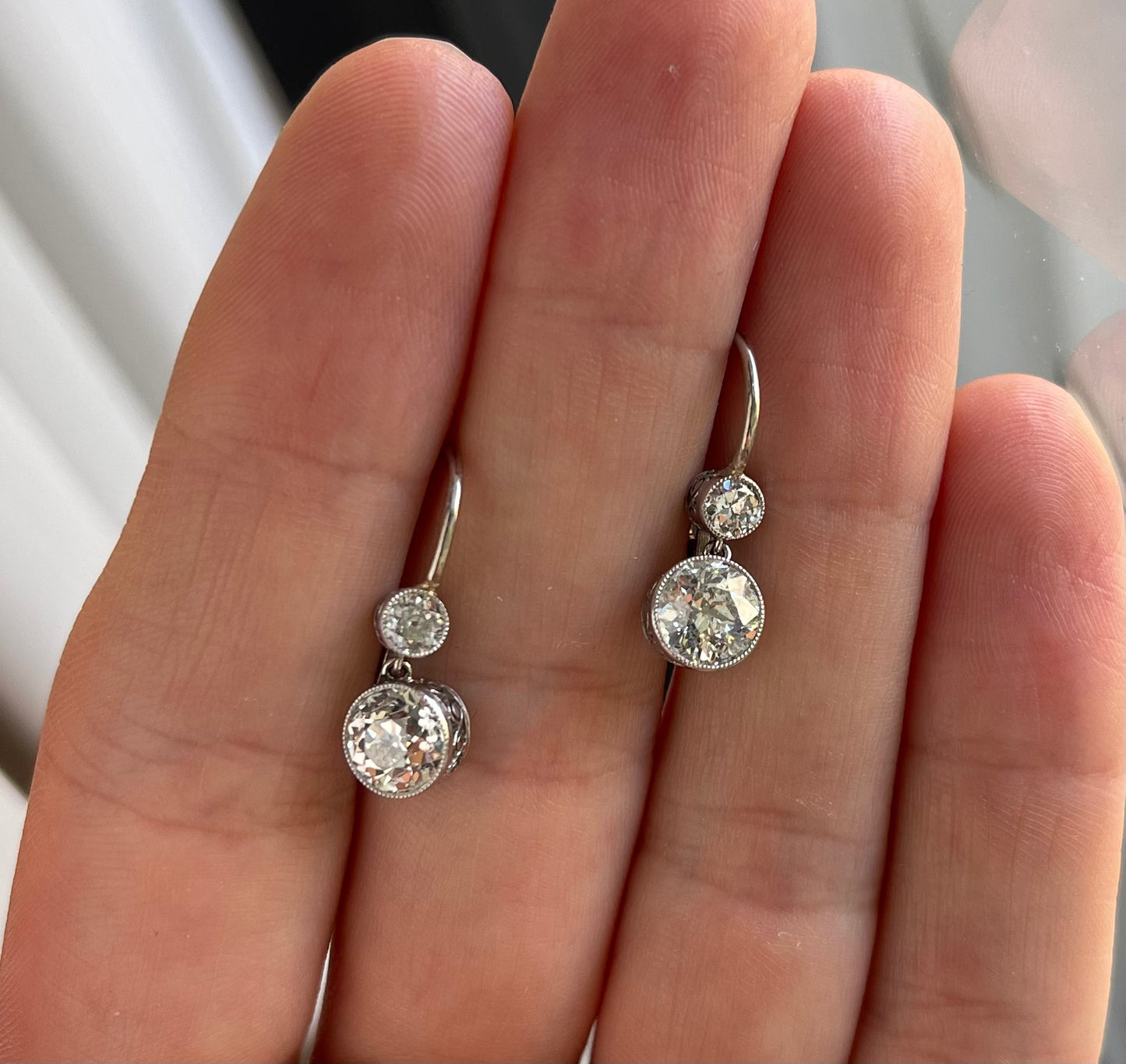 2.22ct Old European Cut Diamonds (Two Centers) .30ct (Two SD) Platinum over 18KY Gold Drop Earrings