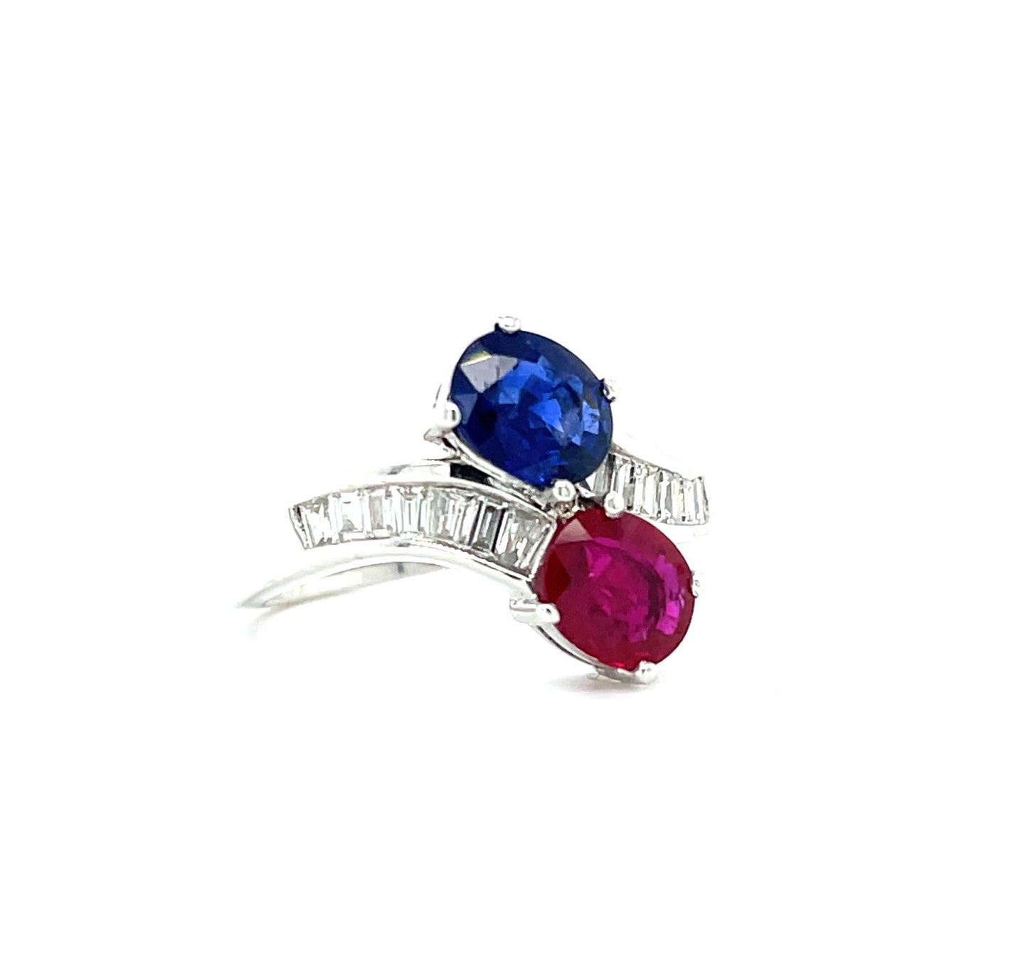 1.75ct Burma Ruby 1.50ct Sri Lanka Sapphire .40ct Diamond 18KW Toi et Moi Ring