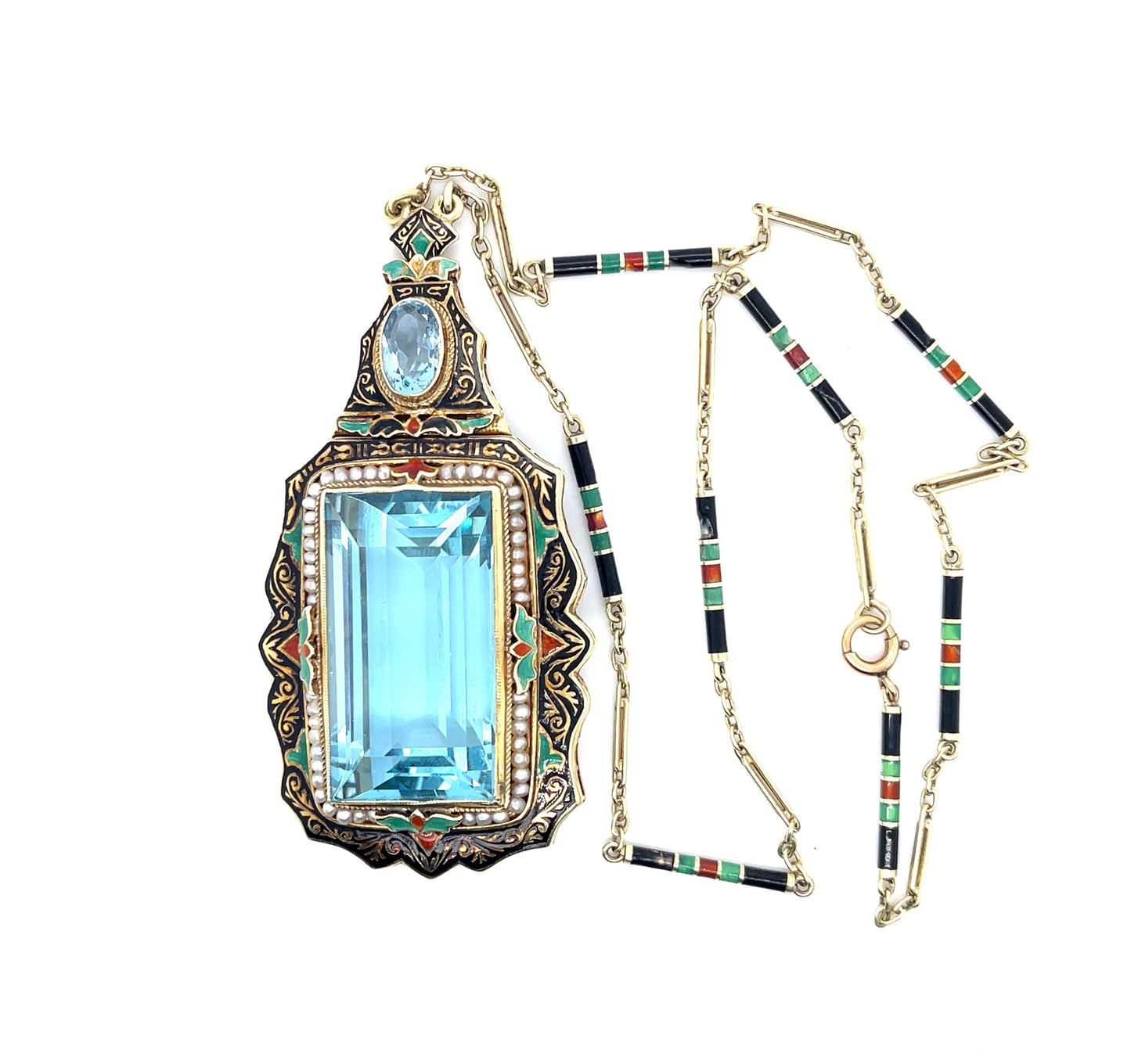 Art Deco Aquamarine 40ct and Enamel Pendant