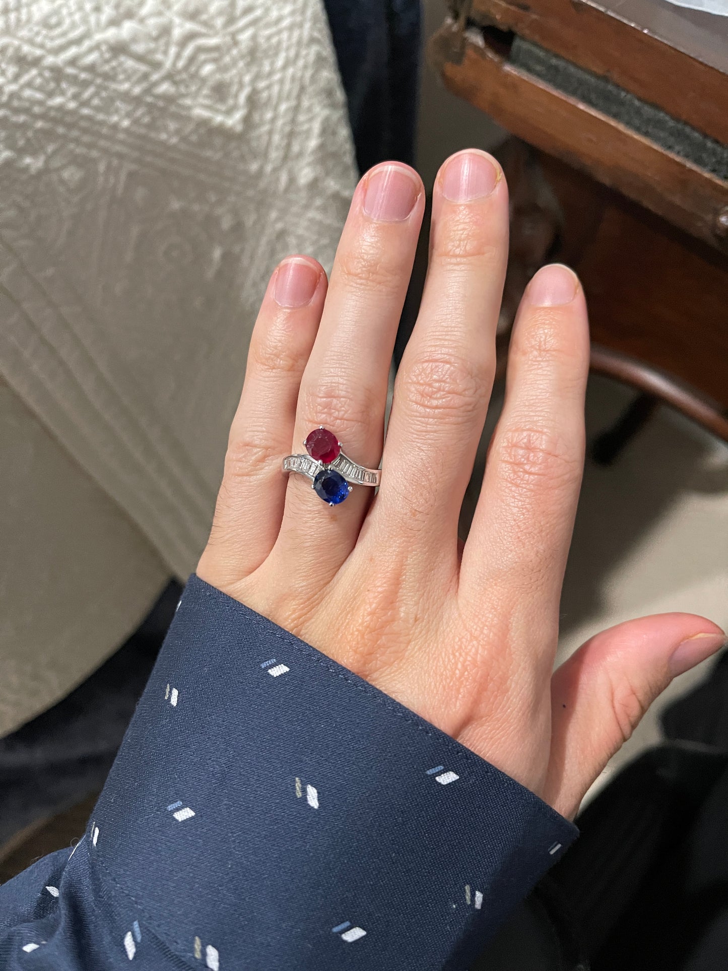1.75ct Burma Ruby 1.50ct Sri Lanka Sapphire .40ct Diamond 18KW Toi et Moi Ring
