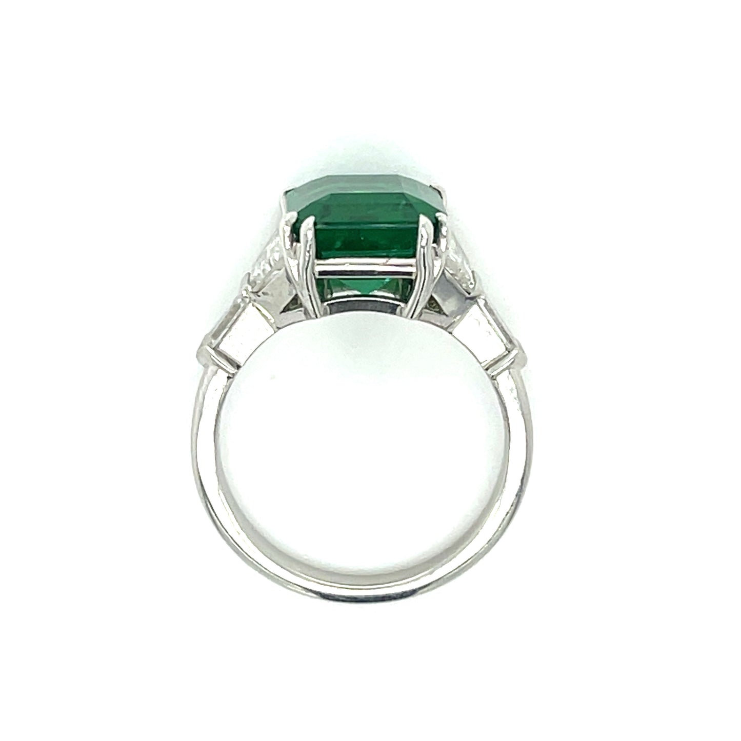 3.82ct GIA Zambian F2 Emerald .90ct Trapezoid Diamonds .30ct Bullet Diamonds Platinum Ring 6.7g 5.75 Size