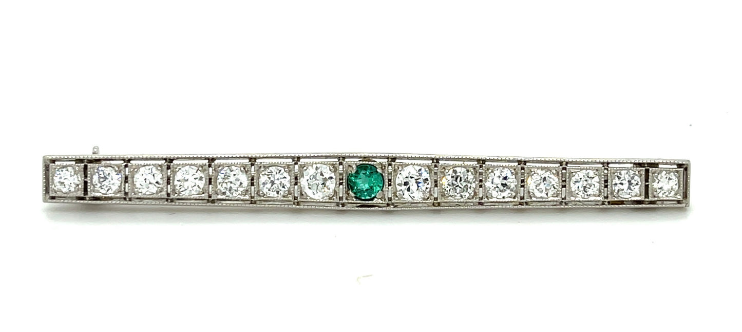 Art Deco (Circa 1920s) .20ct Emerald 1.85ct Old European Cut Diamonds (14 Stones) Antique Platinum Line Brooch