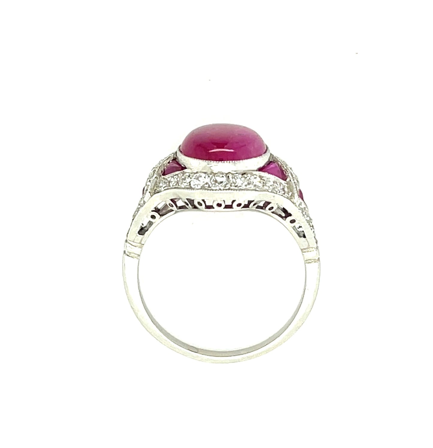 6.50ct Cabochon Ruby .88ct Old European Cut Diamonds .50ct Side Cabochon Rubies Platinum Art Deco Inspired Ring