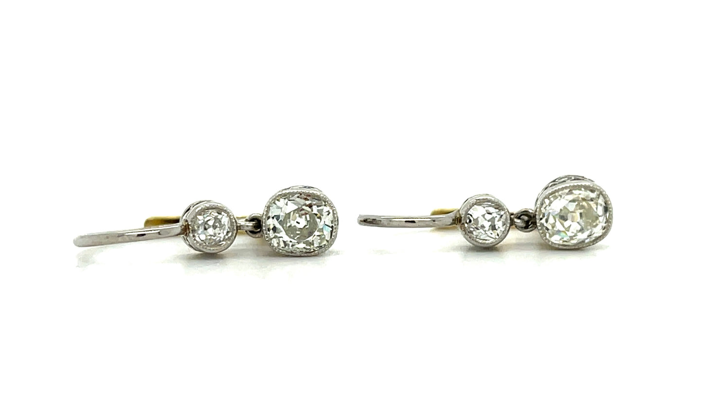 1.14ct Antique Cushion Cut Center Diamonds .30ct Side Diamonds Platinum/18KY Drop Earrings