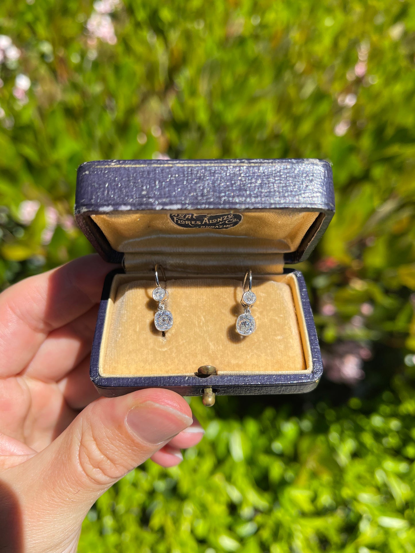 1.14ct Antique Cushion Cut Center Diamonds .30ct Side Diamonds Platinum/18KY Drop Earrings