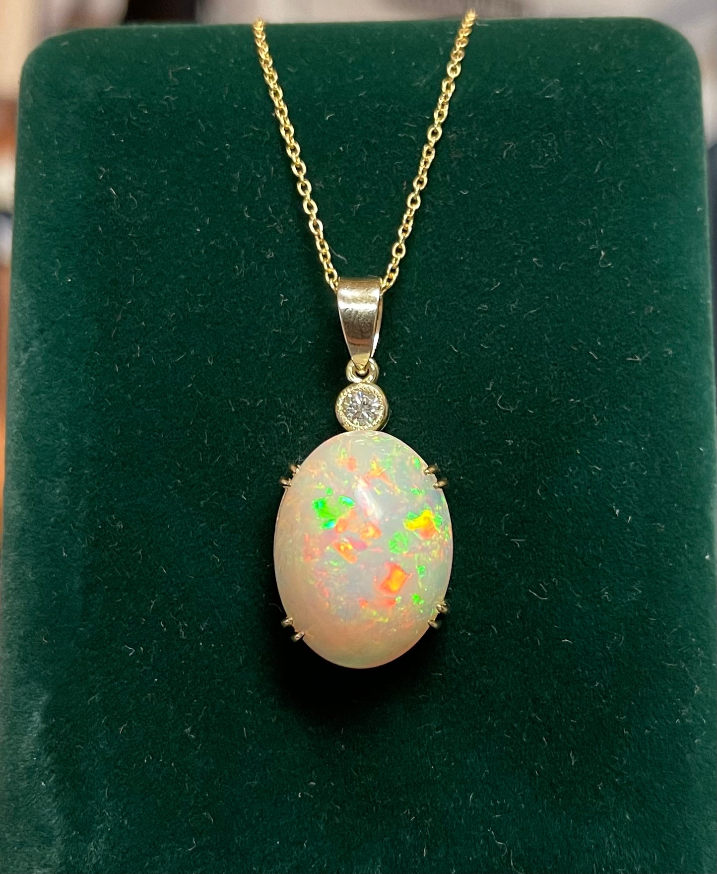 13.34ct Ethiopian Opal (Raised Surface) .20ct Diamond Near Colorless VS Clarity 14KY Handmade Pendant