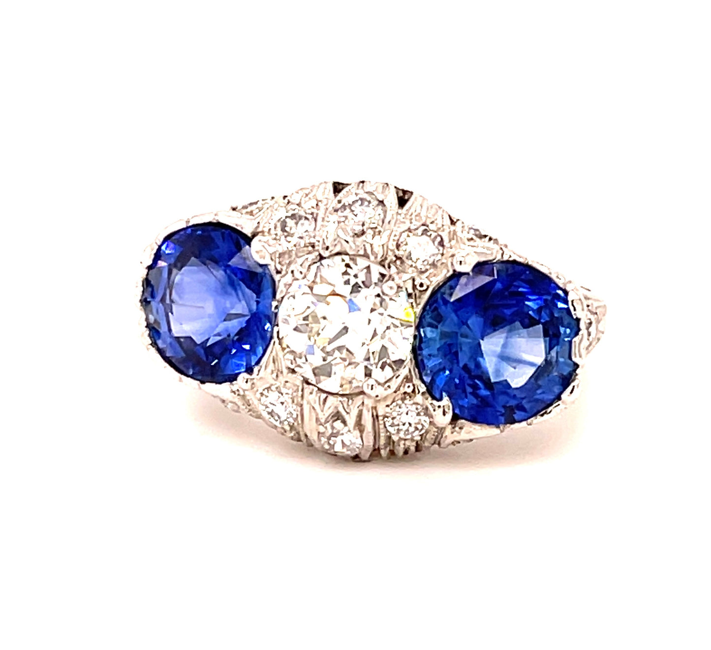 .97ct GIA J SI2 Old European Diamond 3.16ct Sapphire Platinum Art Deco Circa 1920s Antique Three Stone Ring