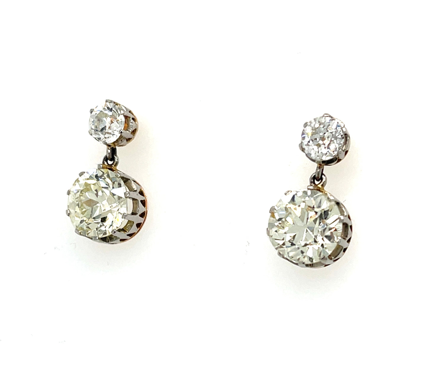 Diamond Platinum/18KY Drop Earrings 4.30ct Old European Cut Diamonds (Two Centers) .50ct SD