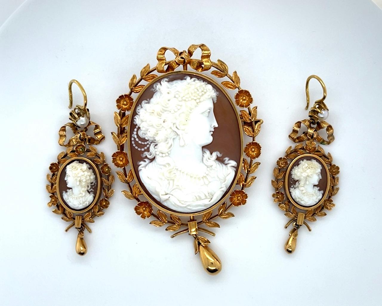 Victorian Cameo 14KY Pendant Earrings Brooch Natural Pearl with box