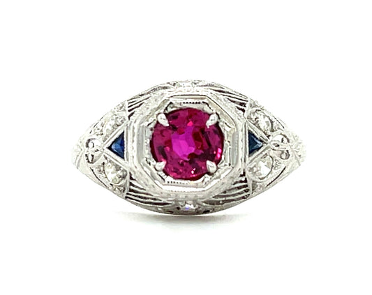 Art Deco Ring .68ct Ruby .20ct Diamonds Platinum Antique (Circa 1920s)