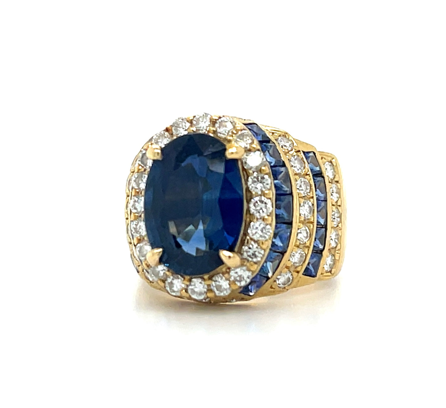 4.12ct Sapphire Ring 18KY (Vintage Circa 1960s) 1.08ct Diamonds 2.10ct Side Sapphires