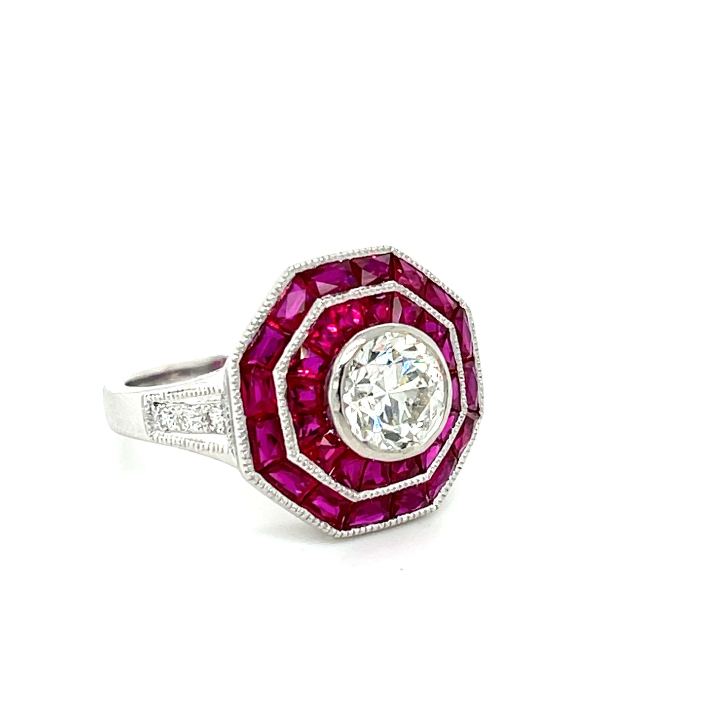 1.23ct Old European Cut Diamond Platinum Ring 2.60ct Calibre Rubies .12ct SD