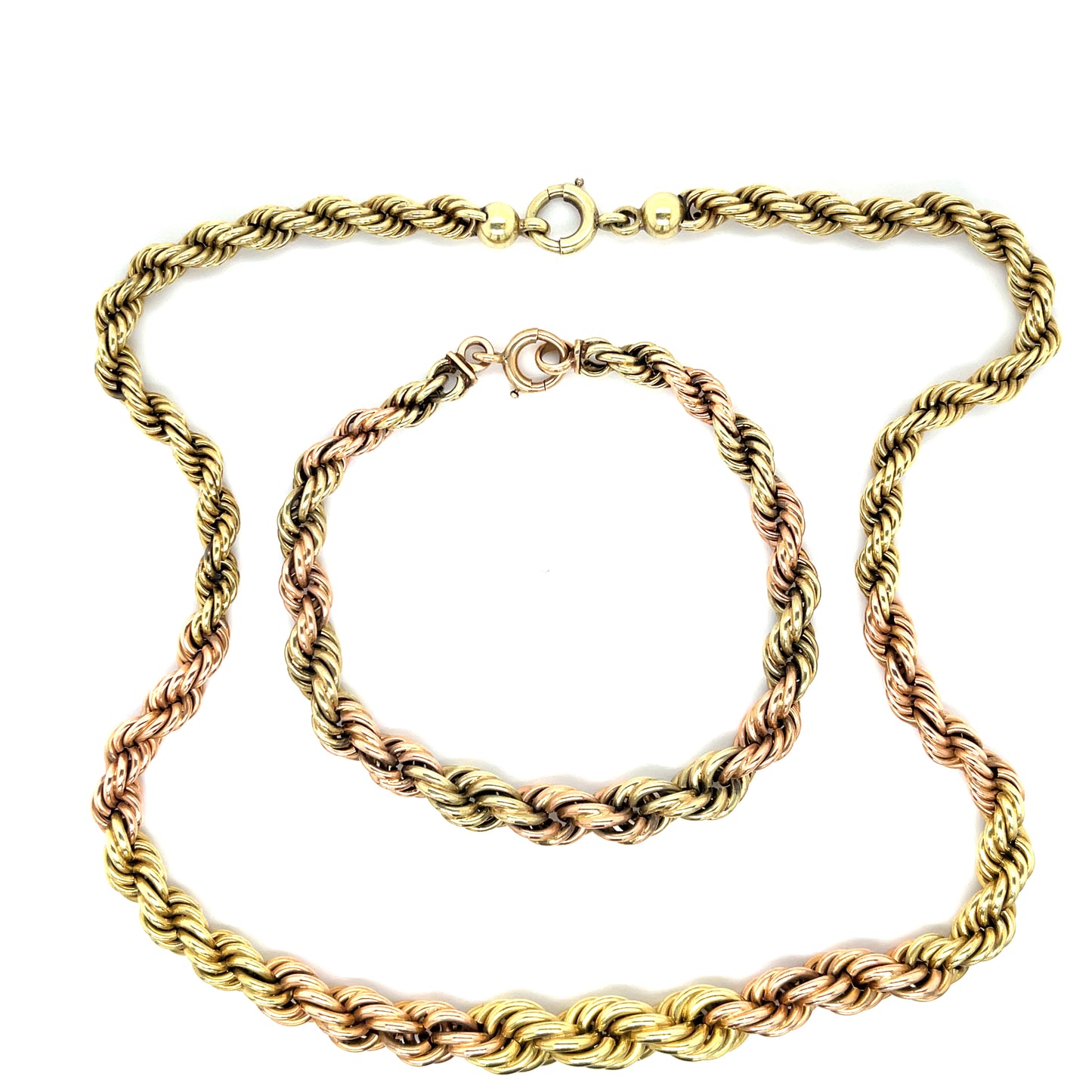 Retro (Circa 1940s) All Original 14KY Rose and Green Gold Graduated French Rope Chain Necklace and Bracelet Set