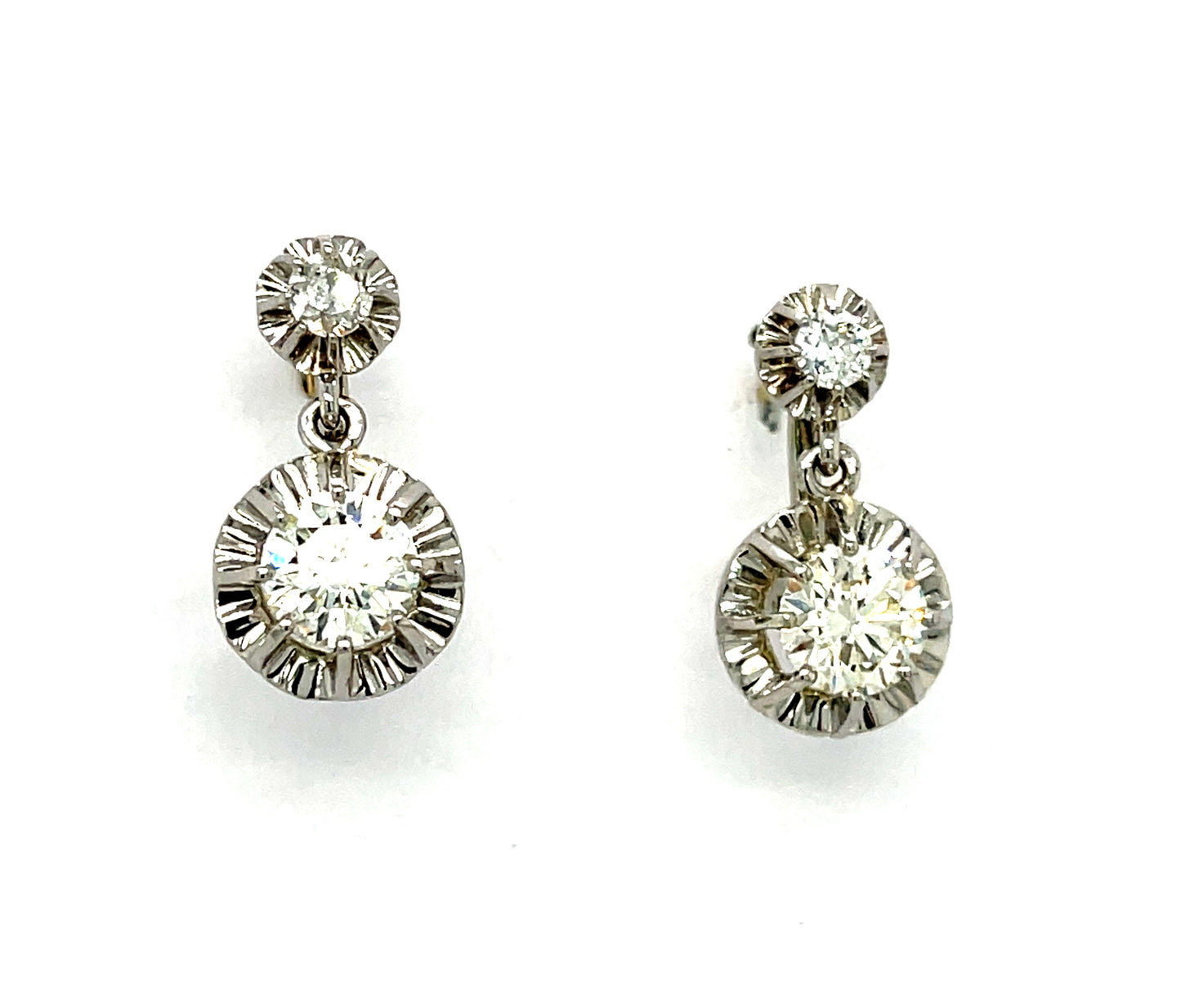 Diamond Platinum Drop Earrings 1.14ct Diamond I SI EGL (1st Diamond) 1.20ct (2nd Diamond)