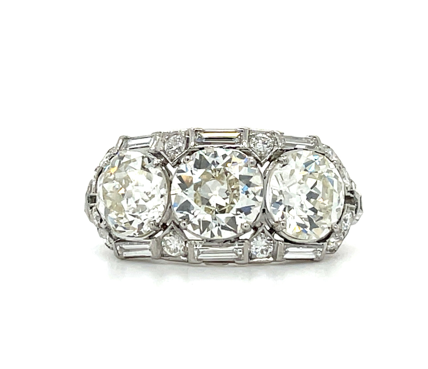 Art Deco Three Stone Diamond Platinum Ring (Vintage Circa 1930s) 1.57ct Old European Cut (OEC) Center Diamond 1.50ct GIA K SI1 OEC 1.25ct OEC 1.10ct Side Diamonds