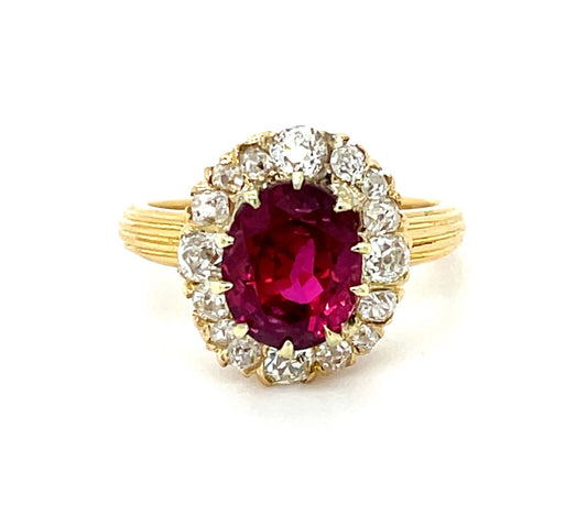 Victorian (Circa 1890s) 3.28ct GIA Thailand Heated Ruby 1ct Old Mine Cut Diamonds 18KY Antique Ring