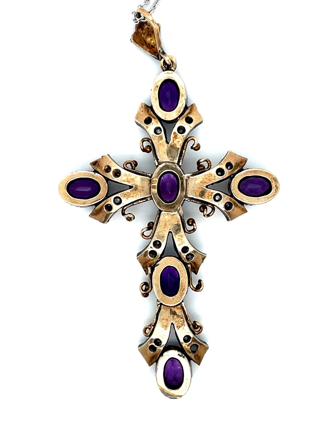 9ct Amethyst .50ct Diamond S+14KY Cross/Pendant 14.37g 2.75" Length 18" Chain