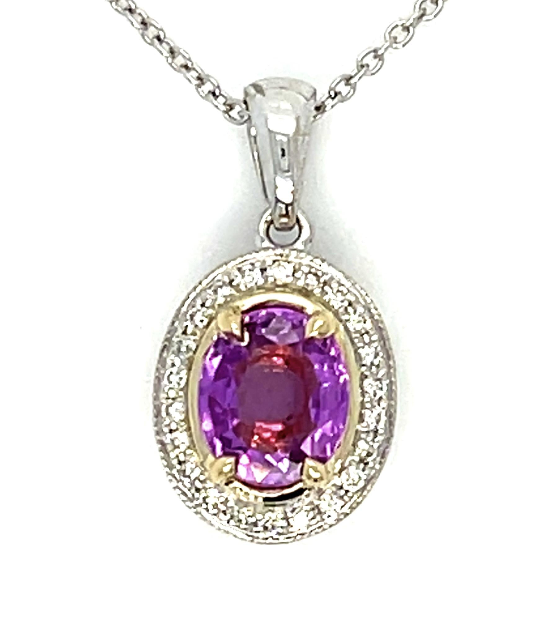 .90ct Pink Sapphire .10ct Diamond 14KW Pendant 3.30g 14K Chain 16"