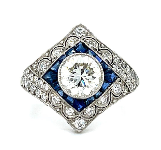 1.20ct Round Diamond .66ct Sapphire Platinum Handmade Ring .68ct SD 6.40g 6 Size