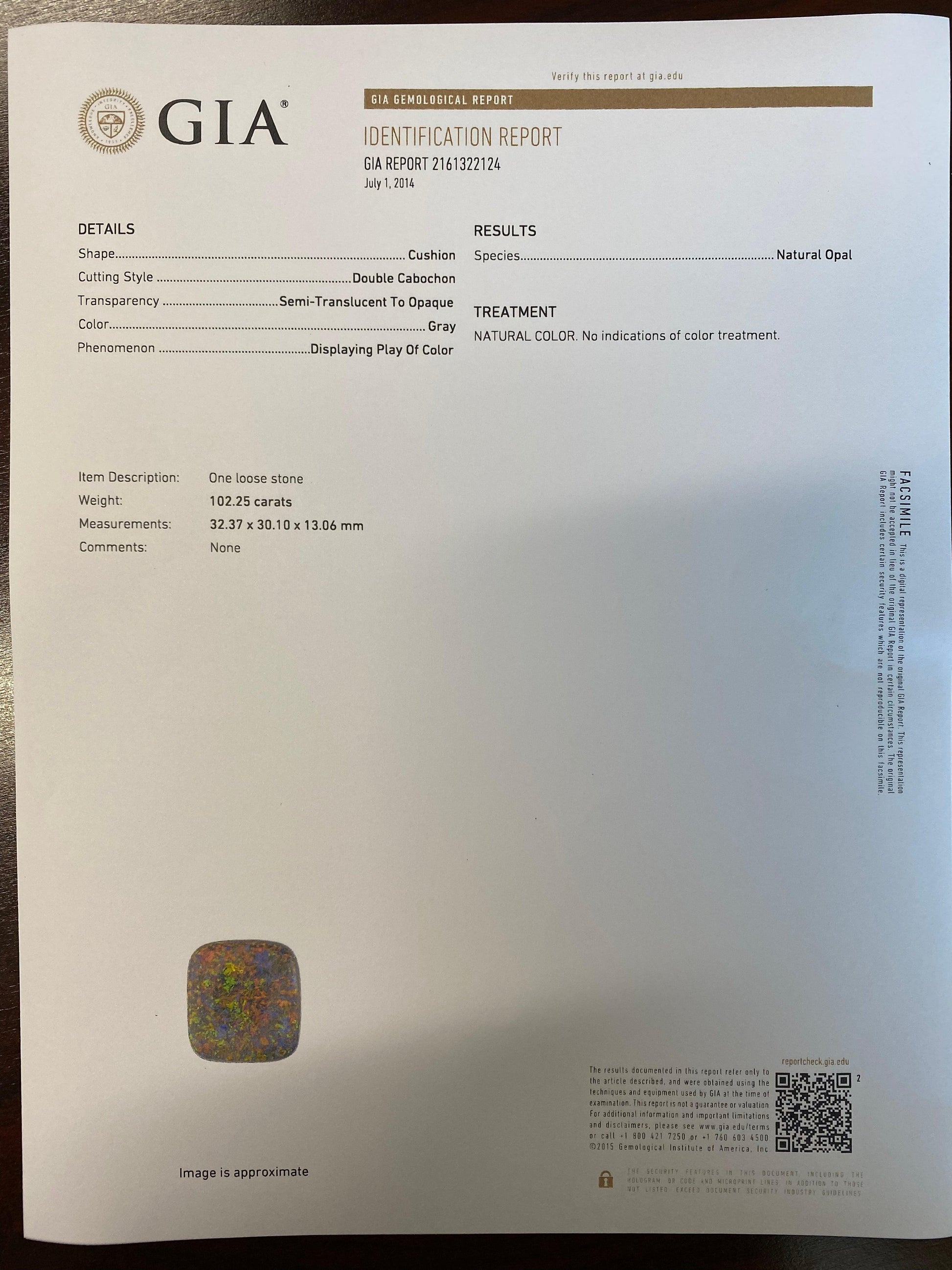 102ct Lightning Ridge Australian Opal GIA & AGL