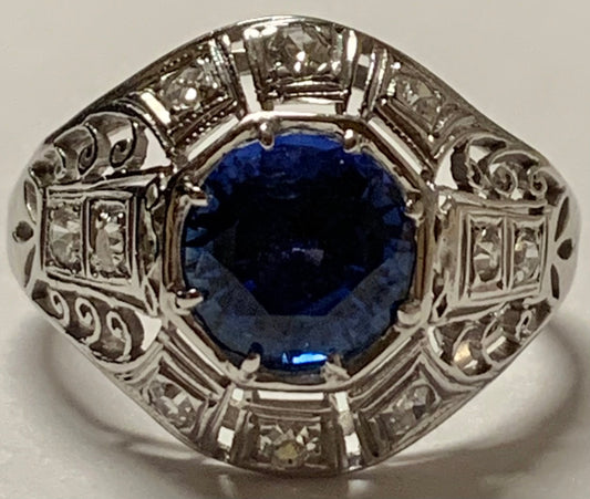 Art Deco 1.37ct Sapphire & 0.70ct Diamond Art Deco Ring